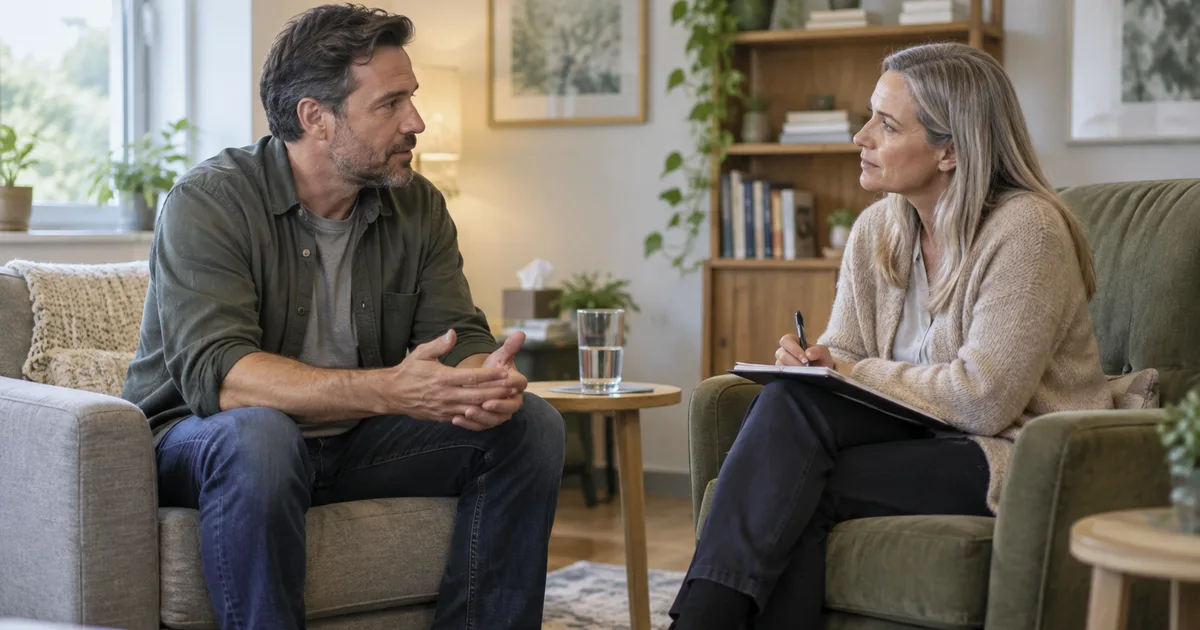 Homme discutant avec une professionnelle en addictologie
