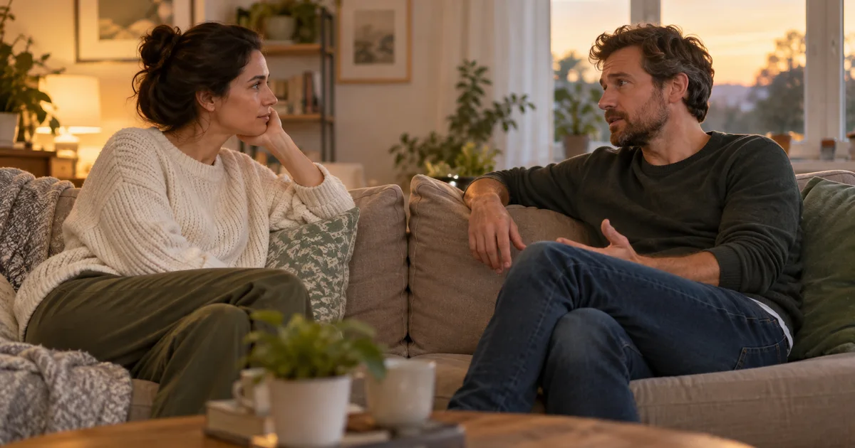 Pareja conversando tranquilamente en casa