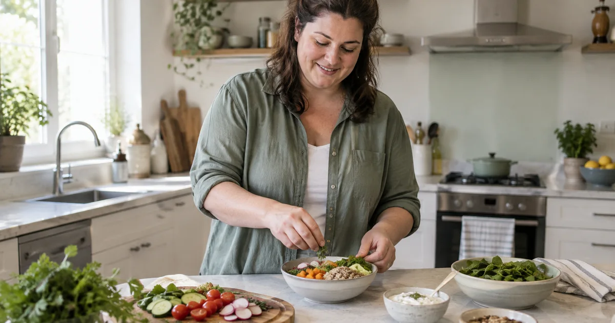Femme préparant un repas équilibré avec des légumes