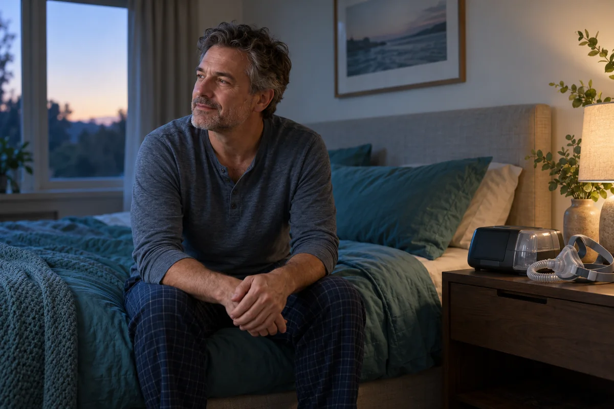 Man sitting beside a CPAP machine at the edge of a bed.