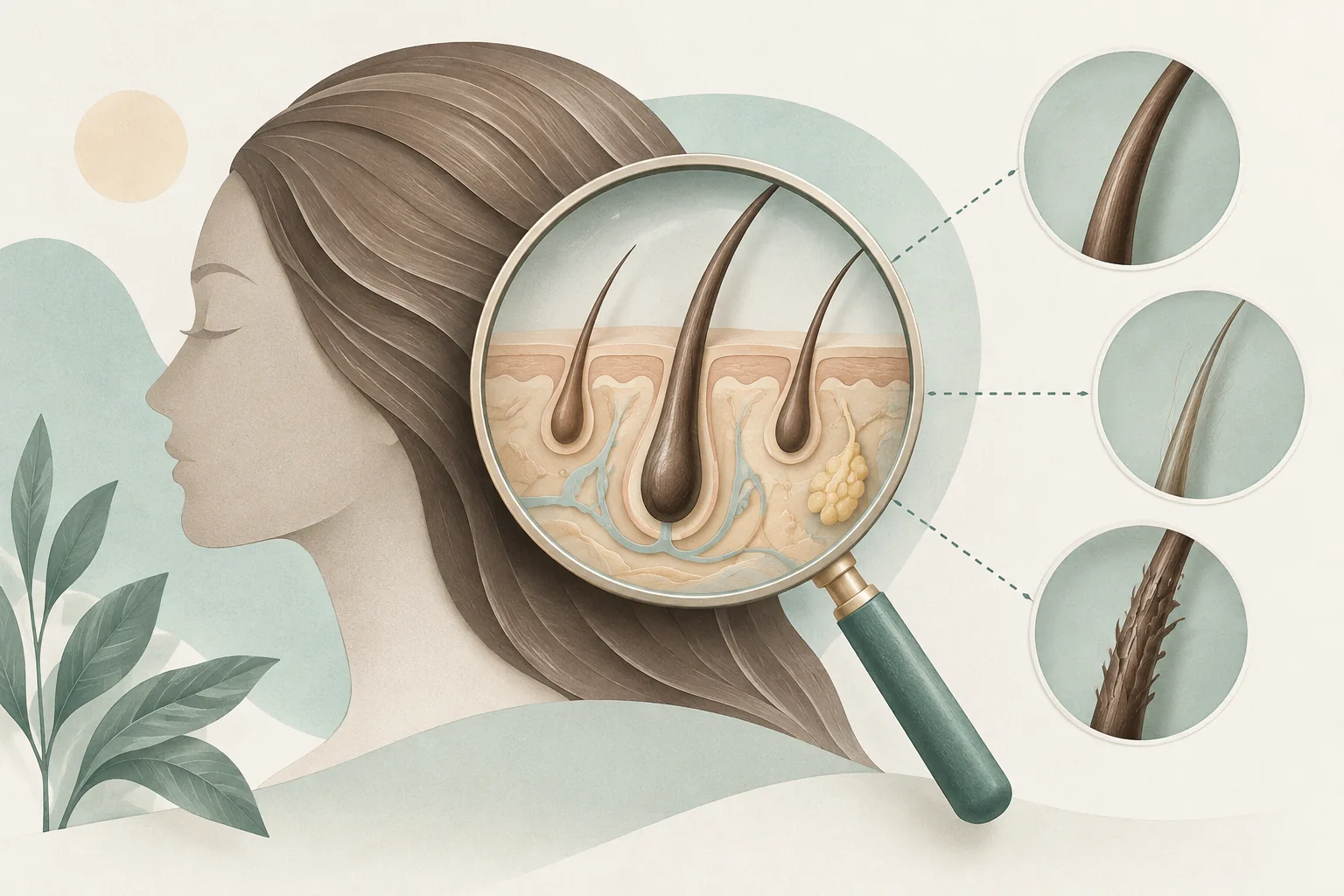 Redaktionelle Illustration von Haaren und Haarfollikeln unter einer Lupe zur Einordnung von Haarausfall.